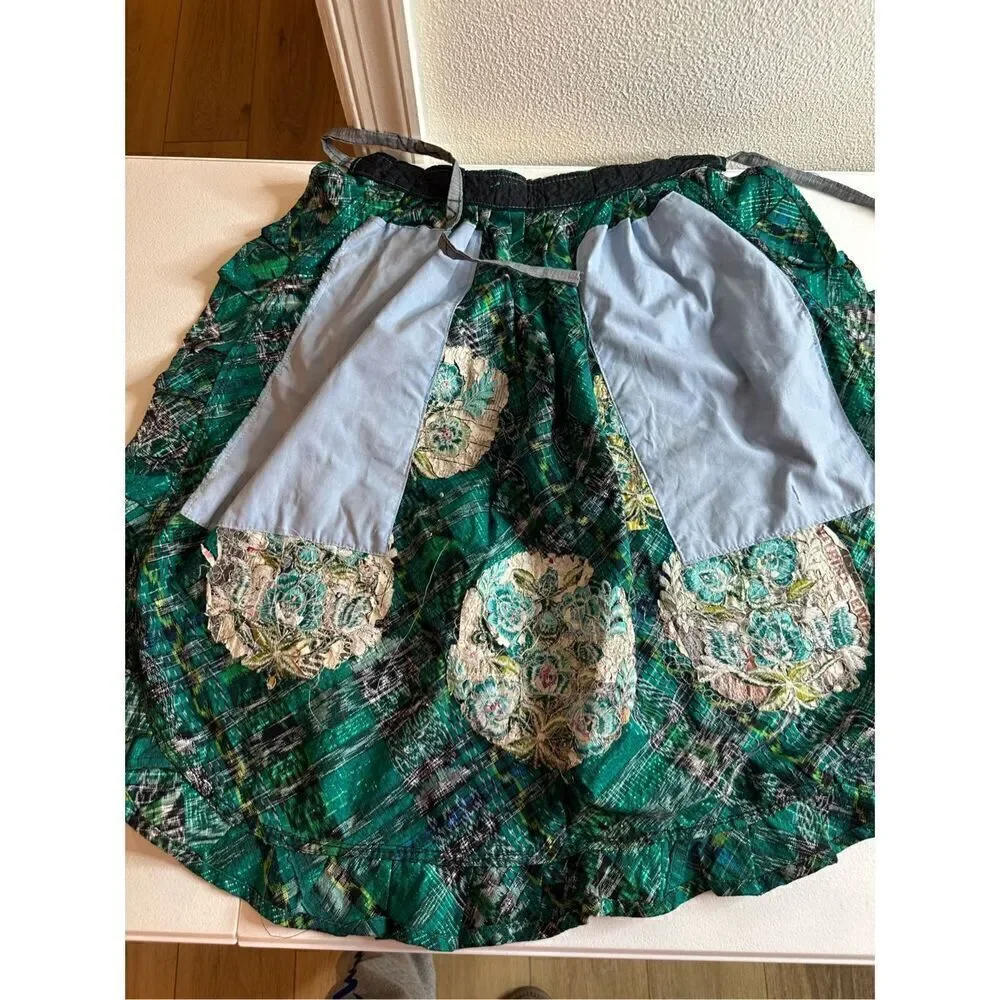 Green Handmade Ruffle Embroidered Floral Waist Apron 31